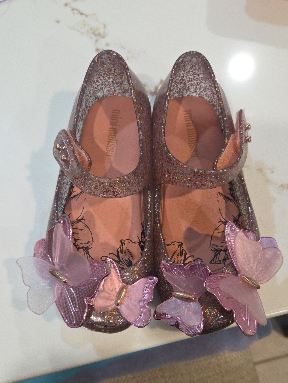 Mini Melissa Girls' Glitter Mary Janes with Pink & Lilac Butterfly Accents